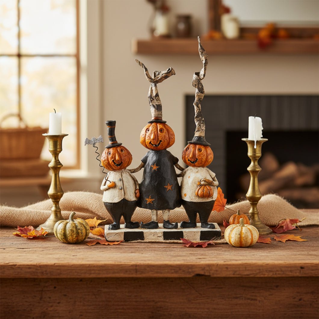 Folk Art Halloween 8 "Trick or Treat Pumpkin Head Family With Bat Figurine - The Primitive Pineapple Collection