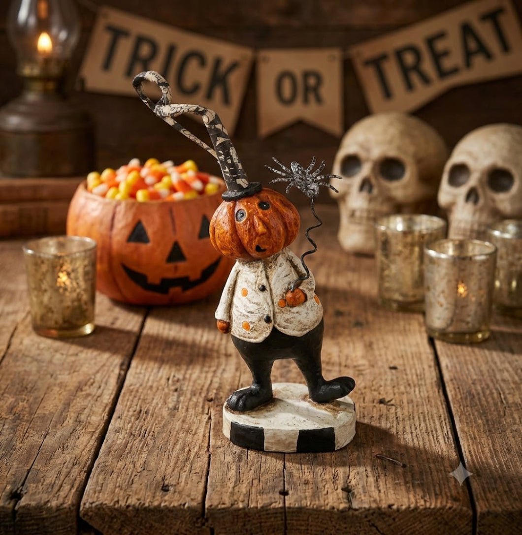 Folk Art Halloween 6" Resin Pumpkin Man Holding Black Spider Figurine - The Primitive Pineapple Collection