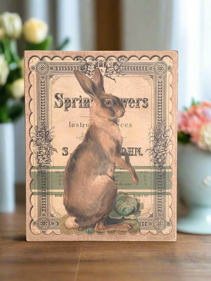 Primitive Handmade Vintage Easter Bunny Postcard 5”x7” Canvas Plaque - The Primitive Pineapple Collection