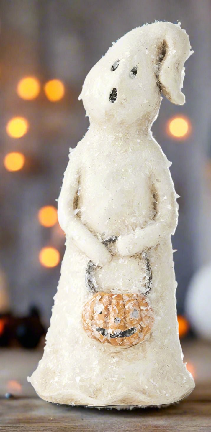 Folk Art Halloween 7.75 Inch Glitter Halloween Ghost w/Jack O Lantern Pail - The Primitive Pineapple Collection
