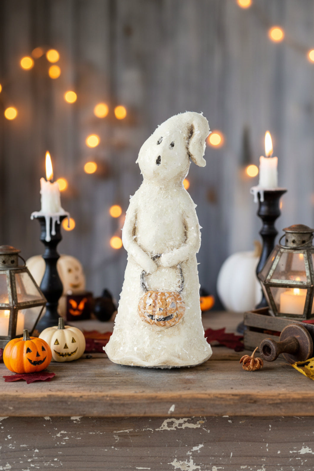 Folk Art Halloween 7.75 Inch Glitter Halloween Ghost w/Jack O Lantern Pail - The Primitive Pineapple Collection