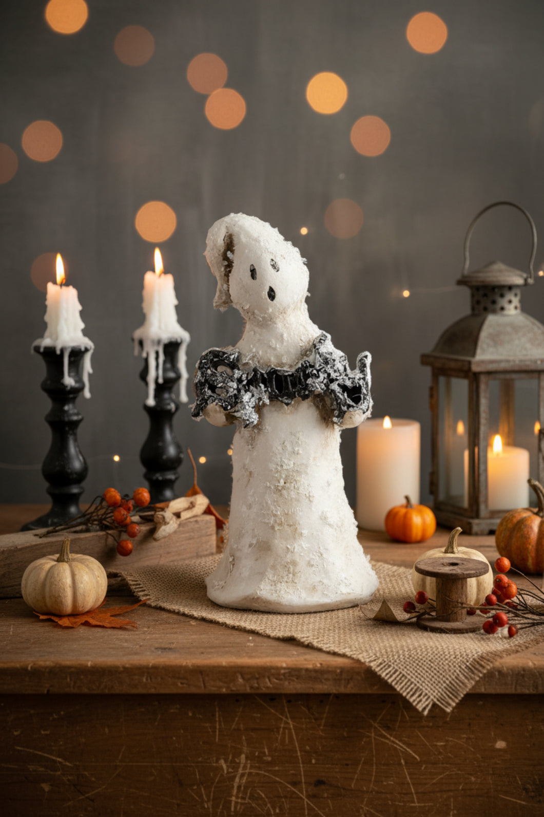 Folk Art Halloween 7.75 Inch Glitter Halloween Ghost w/ Spooky Sign - The Primitive Pineapple Collection