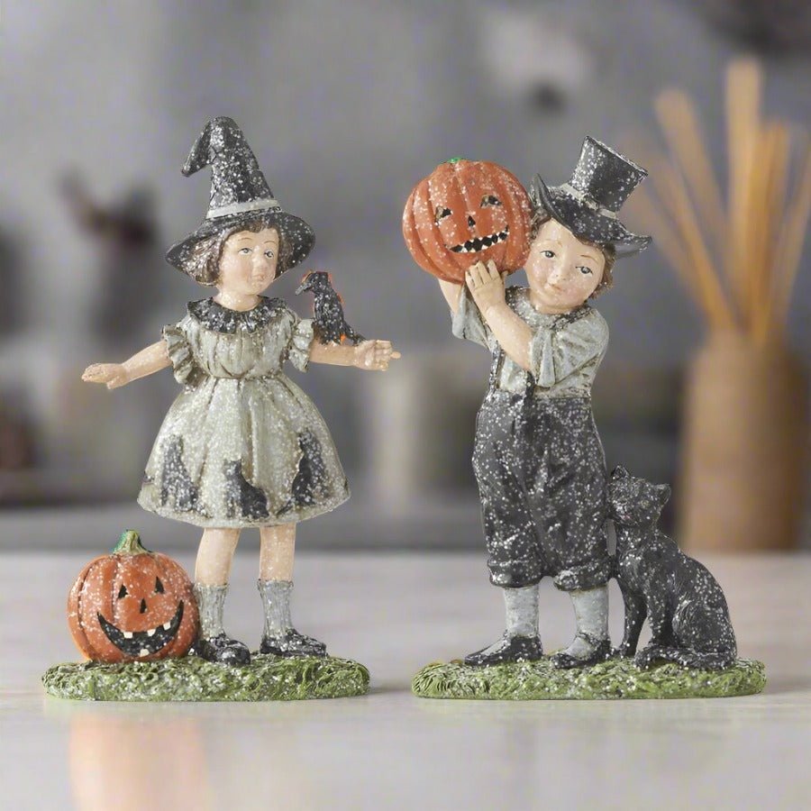 Folk Art Halloween Retro Looking Boy and Girl Trick or Treaters Figurine - The Primitive Pineapple Collection