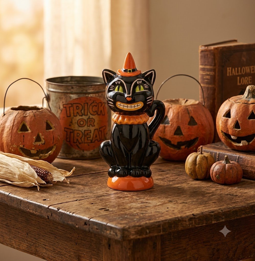 Folk Art Halloween 6.25 Inch Retro Look Black Cat /JOL Figurine 3 Styles - The Primitive Pineapple Collection
