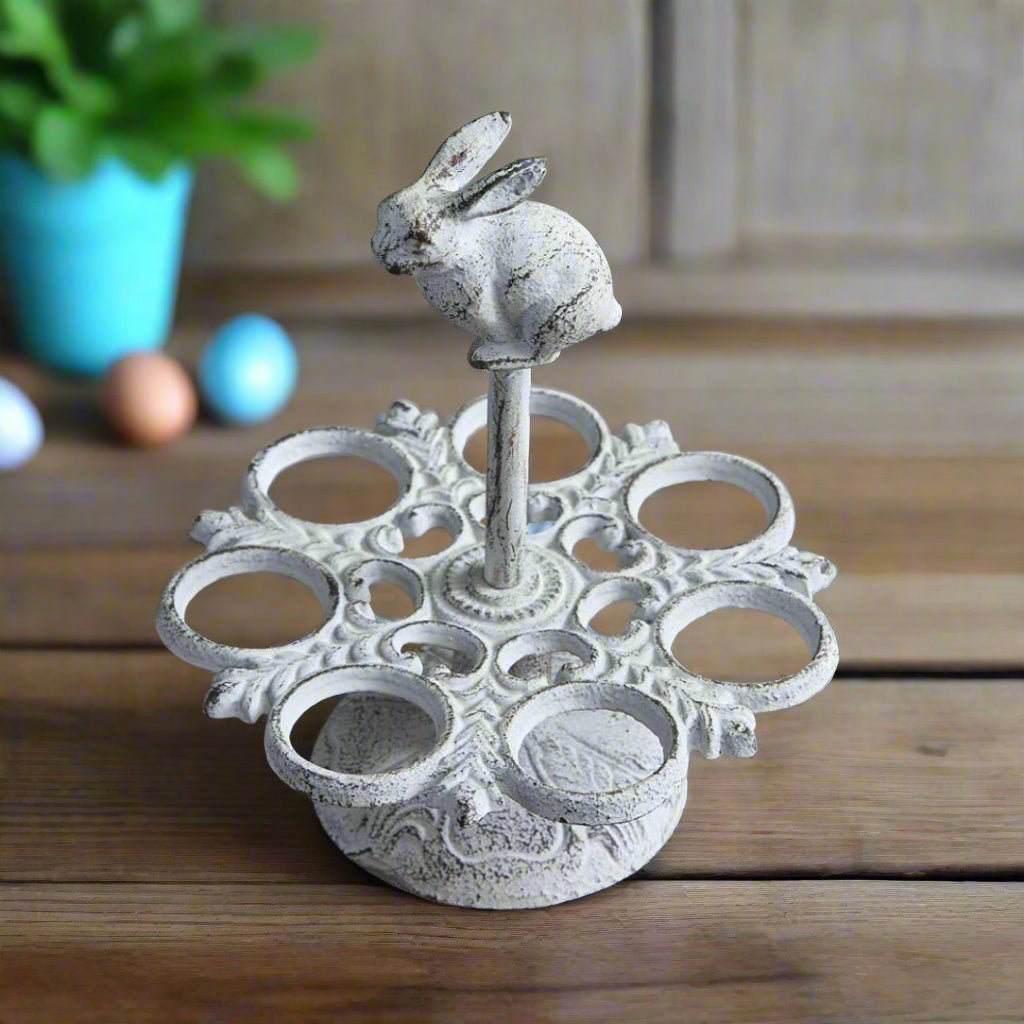 Primitive Easter Spring White Cast Iron Bunny Egg Holder - The Primitive Pineapple Collection