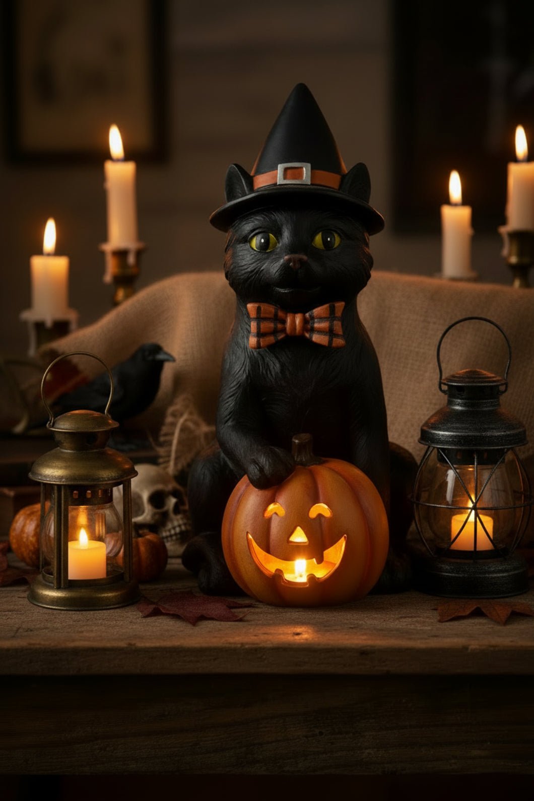 Folk Art Halloween 7.5 Inch Black Resin Cat w/Witch Hat & LED Jack O Lantern - The Primitive Pineapple Collection