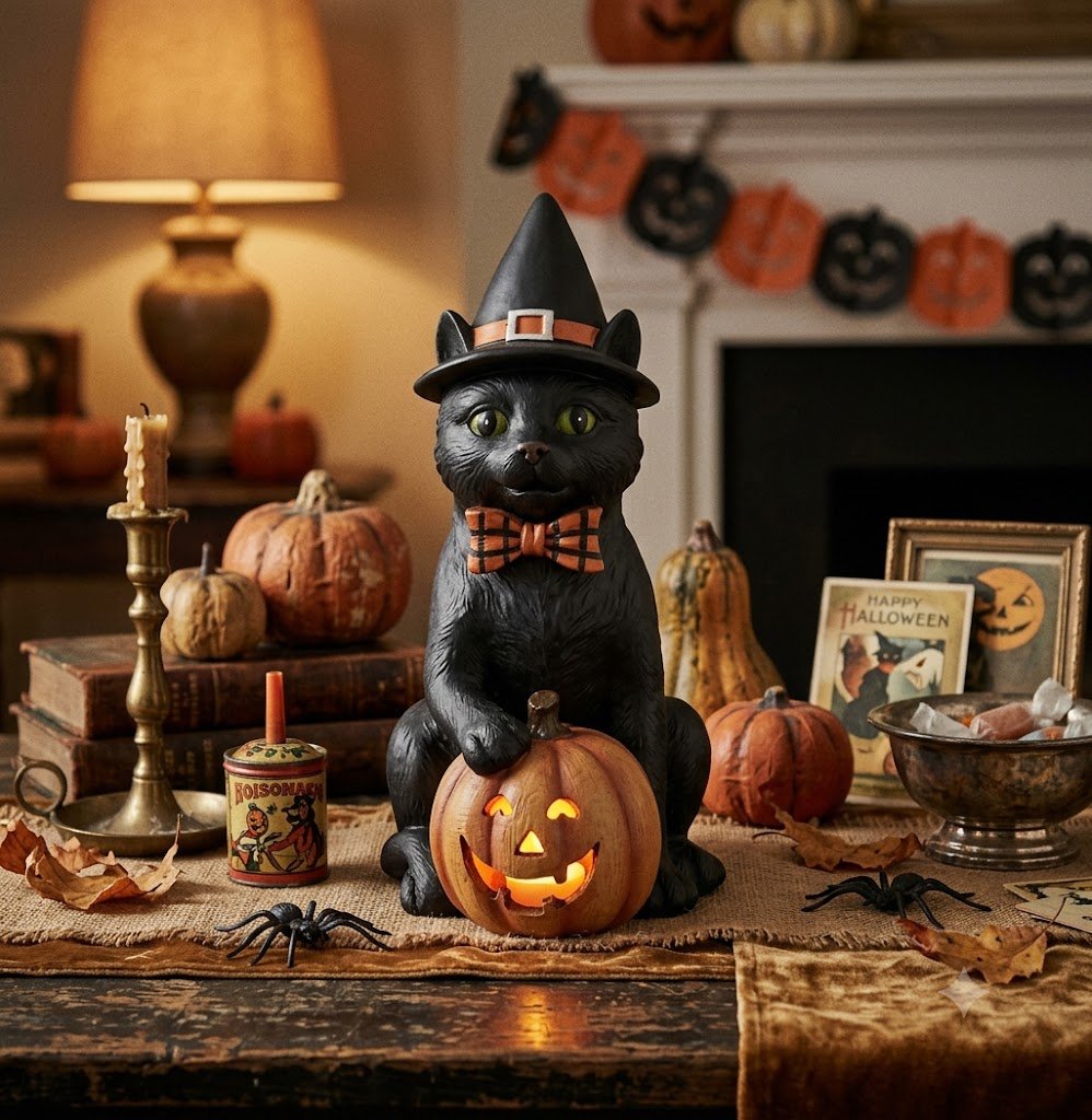 Folk Art Halloween 7.5 Inch Black Resin Cat w/Witch Hat & LED Jack O Lantern - The Primitive Pineapple Collection