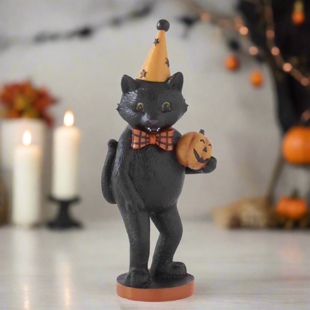 Folk Art Halloween 9.25 Inch Black Resin Cat Figurine w/Party Hat 3 Styles - The Primitive Pineapple Collection