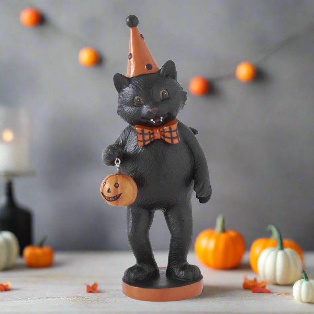 Folk Art Halloween 9.25 Inch Black Resin Cat Figurine w/Party Hat 3 Styles - The Primitive Pineapple Collection