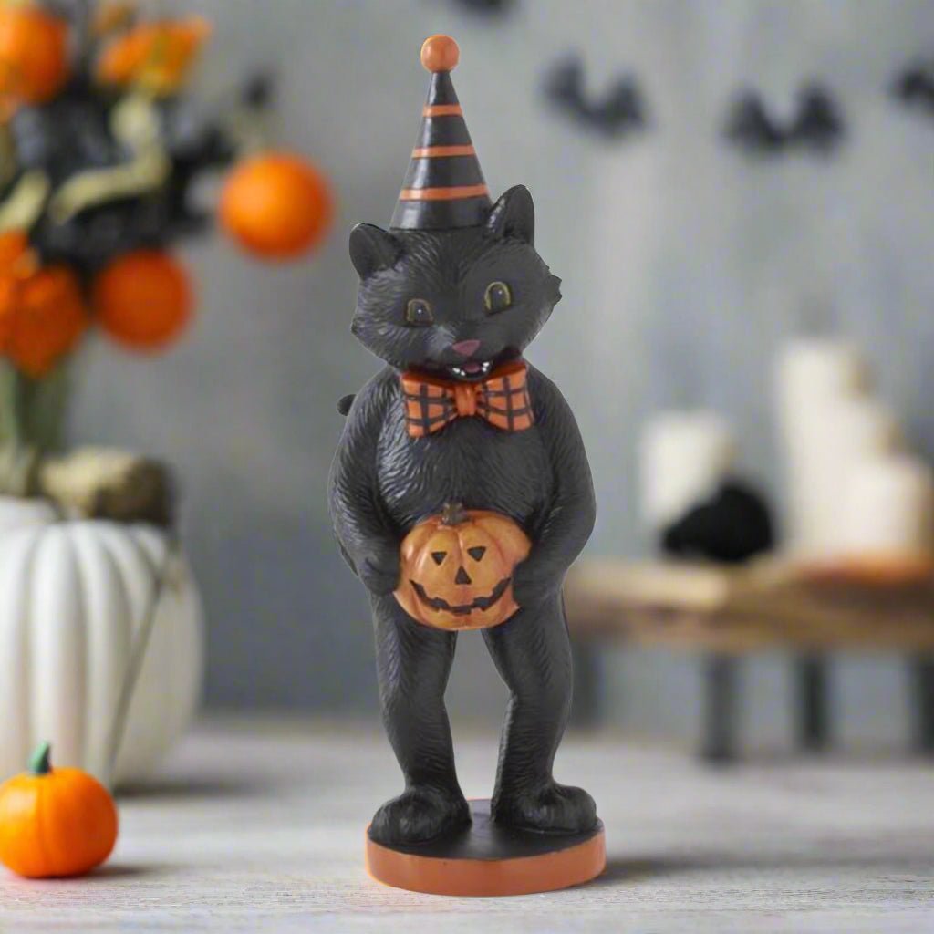 Folk Art Halloween 9.25 Inch Black Resin Cat Figurine w/Party Hat 3 Styles - The Primitive Pineapple Collection