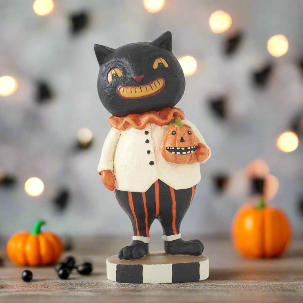 Folk Art Halloween Retro Look 11" Black Cat Holding Jack O Lantern Figurine - The Primitive Pineapple Collection