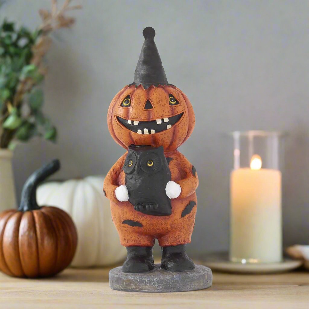 Folk Art Halloween Retro Look 11.25 Inch Jack O Lantern Holding Owl Figurine - The Primitive Pineapple Collection
