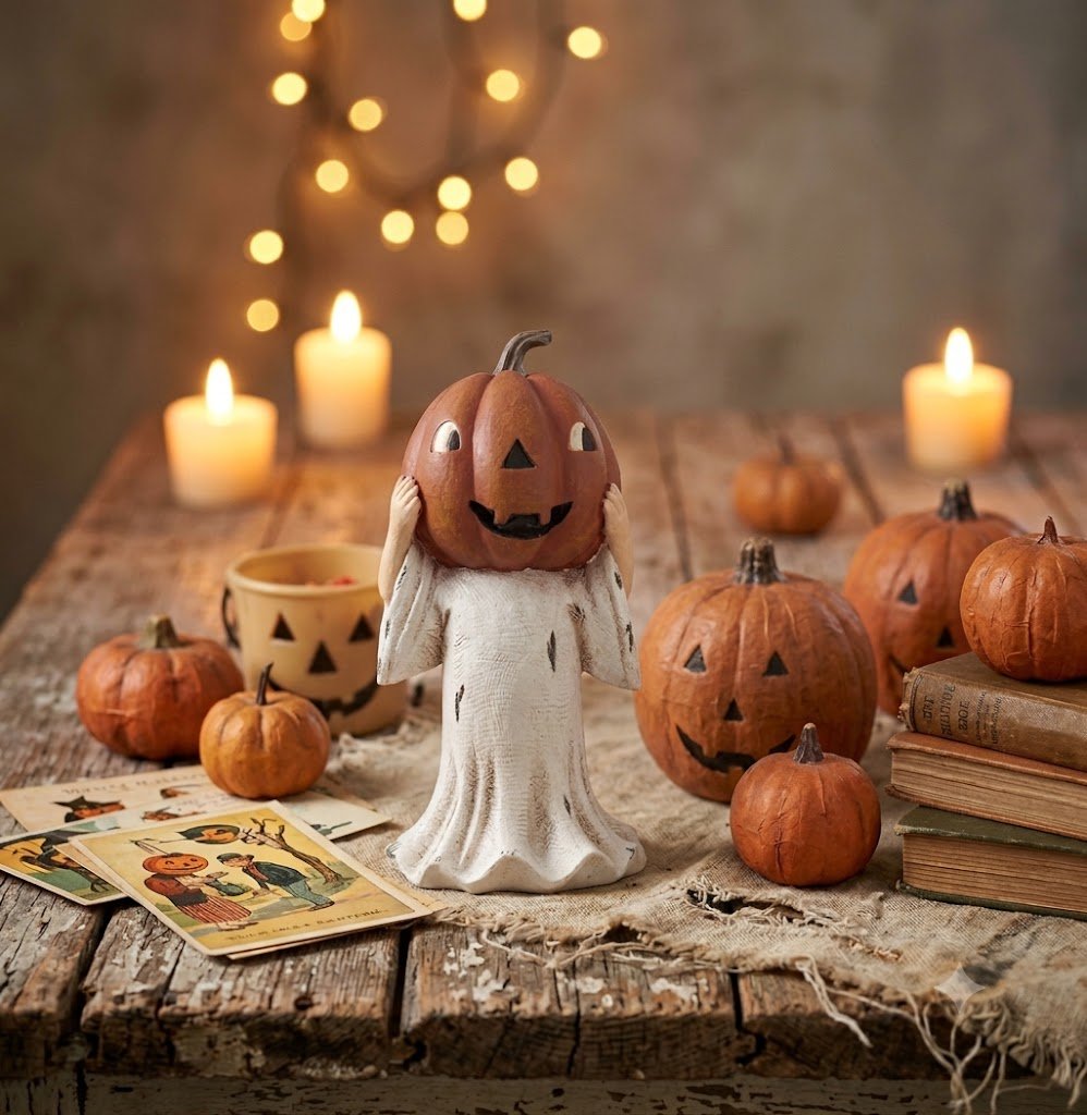 Folk Art Halloween 6.25 "Silly Jack O Lantern Head Ghost Figurine 2 Styles - The Primitive Pineapple Collection