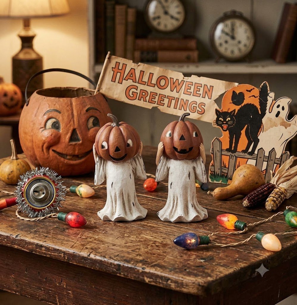 Folk Art Halloween 6.25 "Silly Jack O Lantern Head Ghost Figurine 2 Styles - The Primitive Pineapple Collection