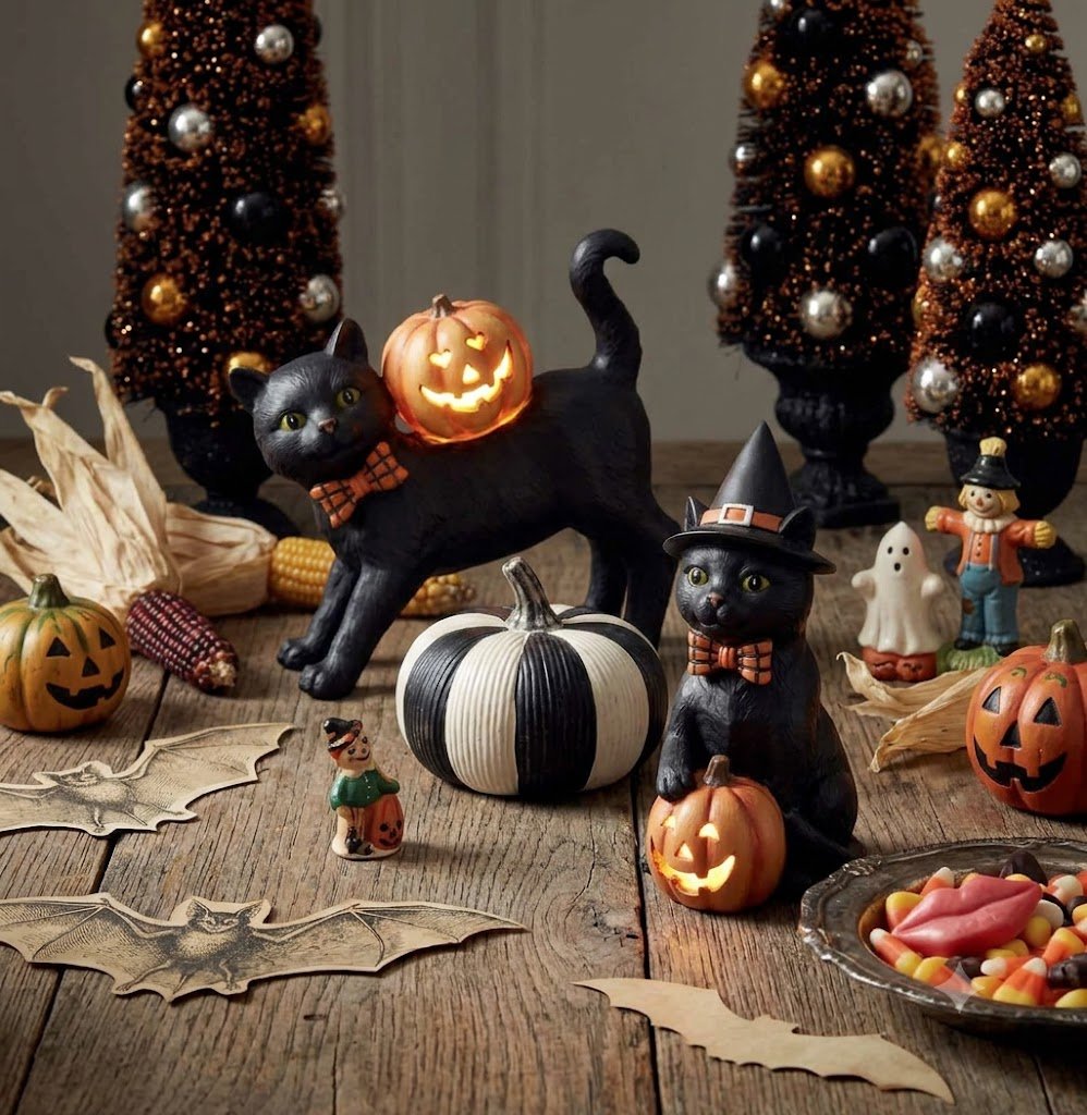 Folk Art Halloween 7.5 Inch Black Resin Cat w/Witch Hat & LED Jack O Lantern - The Primitive Pineapple Collection