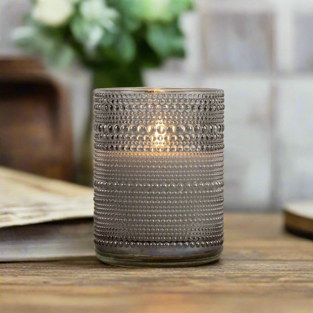 Primitive Ragon House 5" Gray Dotted Glass Jar 3D Flame Battery Candle 6hr Timer - The Primitive Pineapple Collection