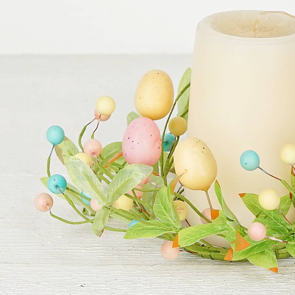 Farmhouse Spring Easter 3.5in Pastel Eggs with Willow Leaves Candle Ring - The Primitive Pineapple Collection