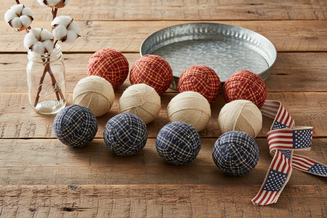 12 pc Americana Primitive Plaid Rag Balls - 1.5" Bowl Fillers - The Primitive Pineapple Collection