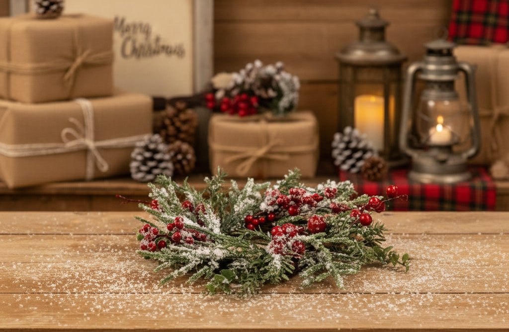 Ragon House Christmas Holiday 12" Snowy Evergreen w/ Red Berry Candle Ring/Wreath - The Primitive Pineapple Collection