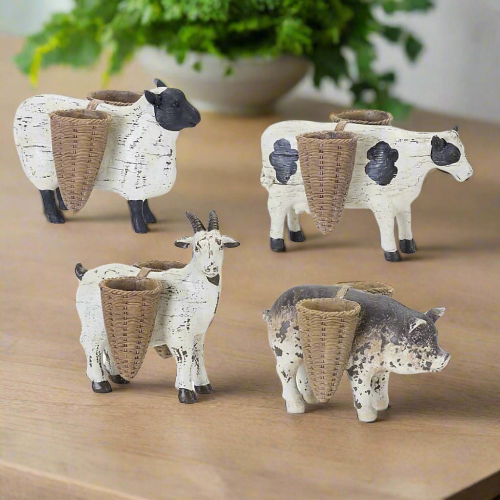 Farmhouse Garden 4pc Resin Farm Animal with Basket Figurines - The Primitive Pineapple Collection