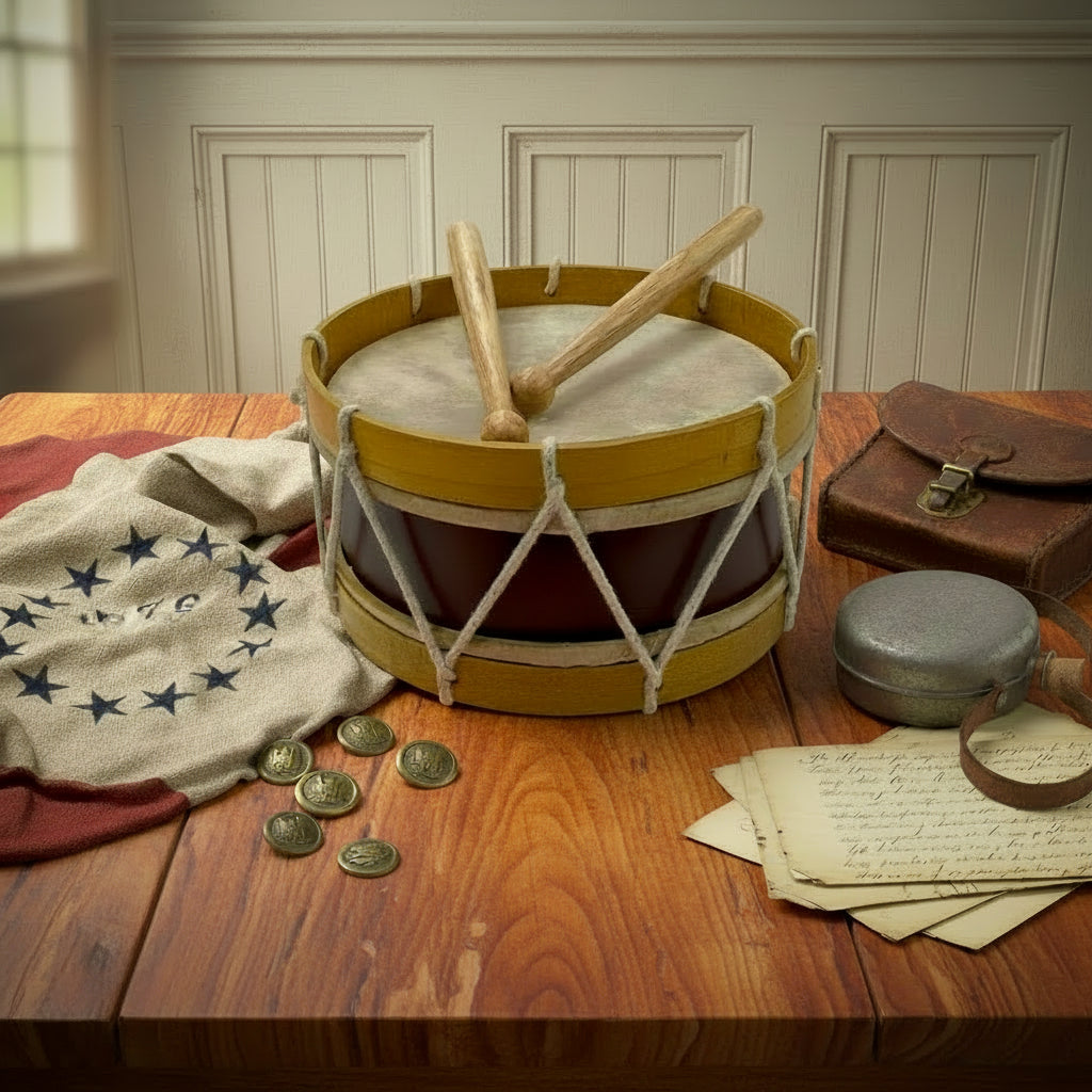 Primitive Colonial Reproduction 7 - 1/2" Civil - Revolutionary War Marching Drum & Drum Sticks - The Primitive Pineapple Collection