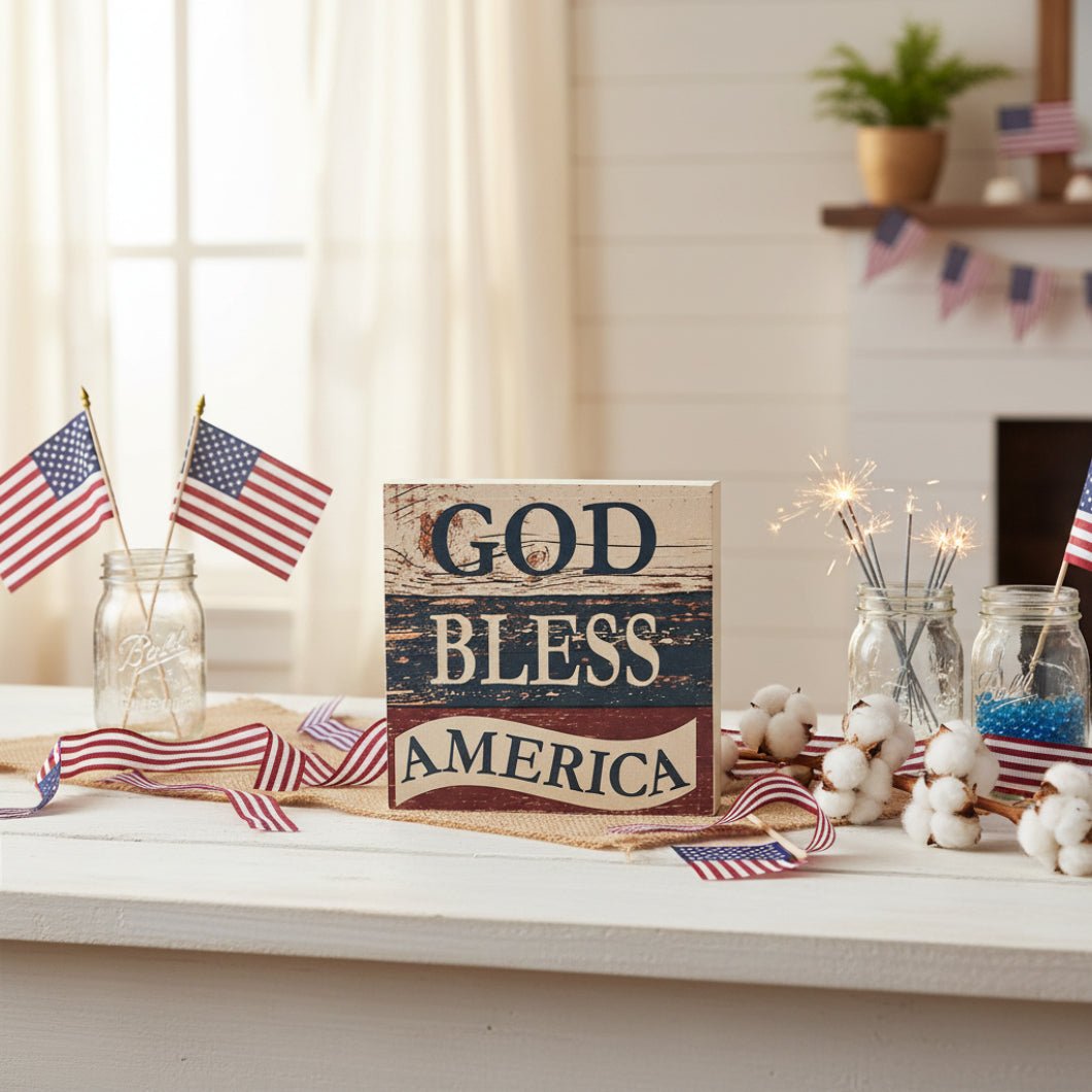 God Bless America Rustic Block Sign 6x6 | Primitive Pineapple