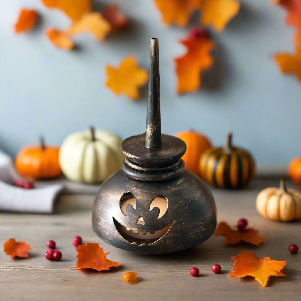 Primitive Halloween Metal 5 1/14" H Tiny Oil Can Jack - O - Lantern - The Primitive Pineapple Collection