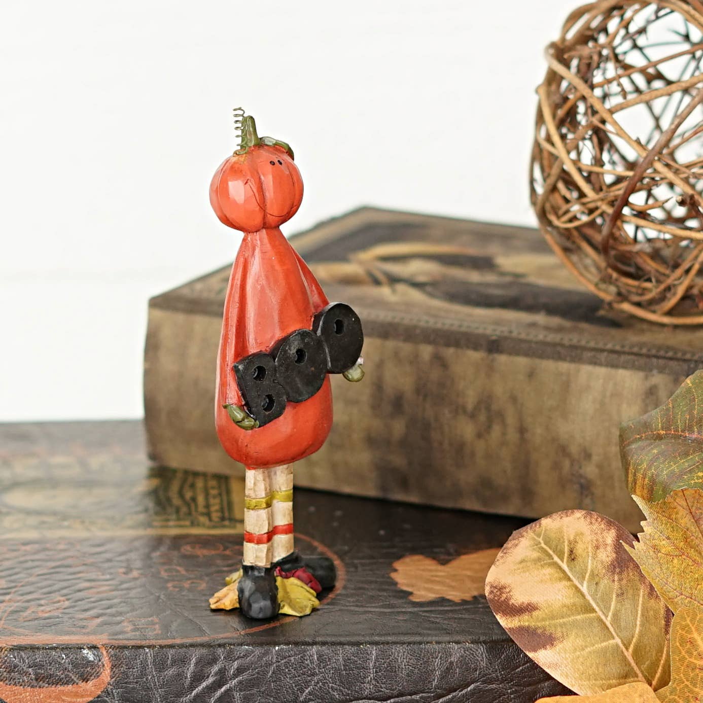 Primitive Halloween Jack O Lantern Boy w/ Boo Sign Figurine 5" Shelf Sitter - The Primitive Pineapple Collection