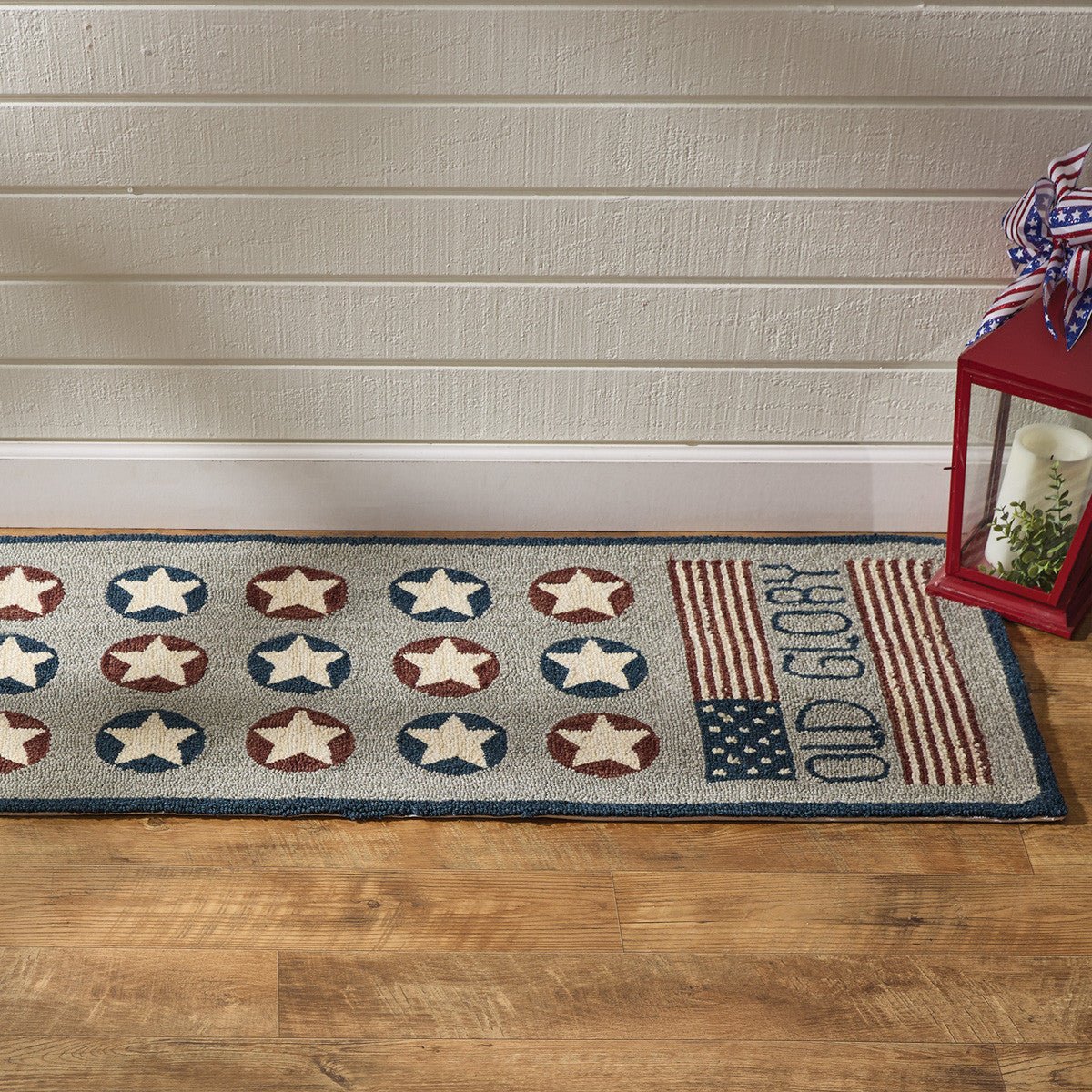 Primitive Old Glory Flag Hooked Rug Runner w/ Stars - 2&