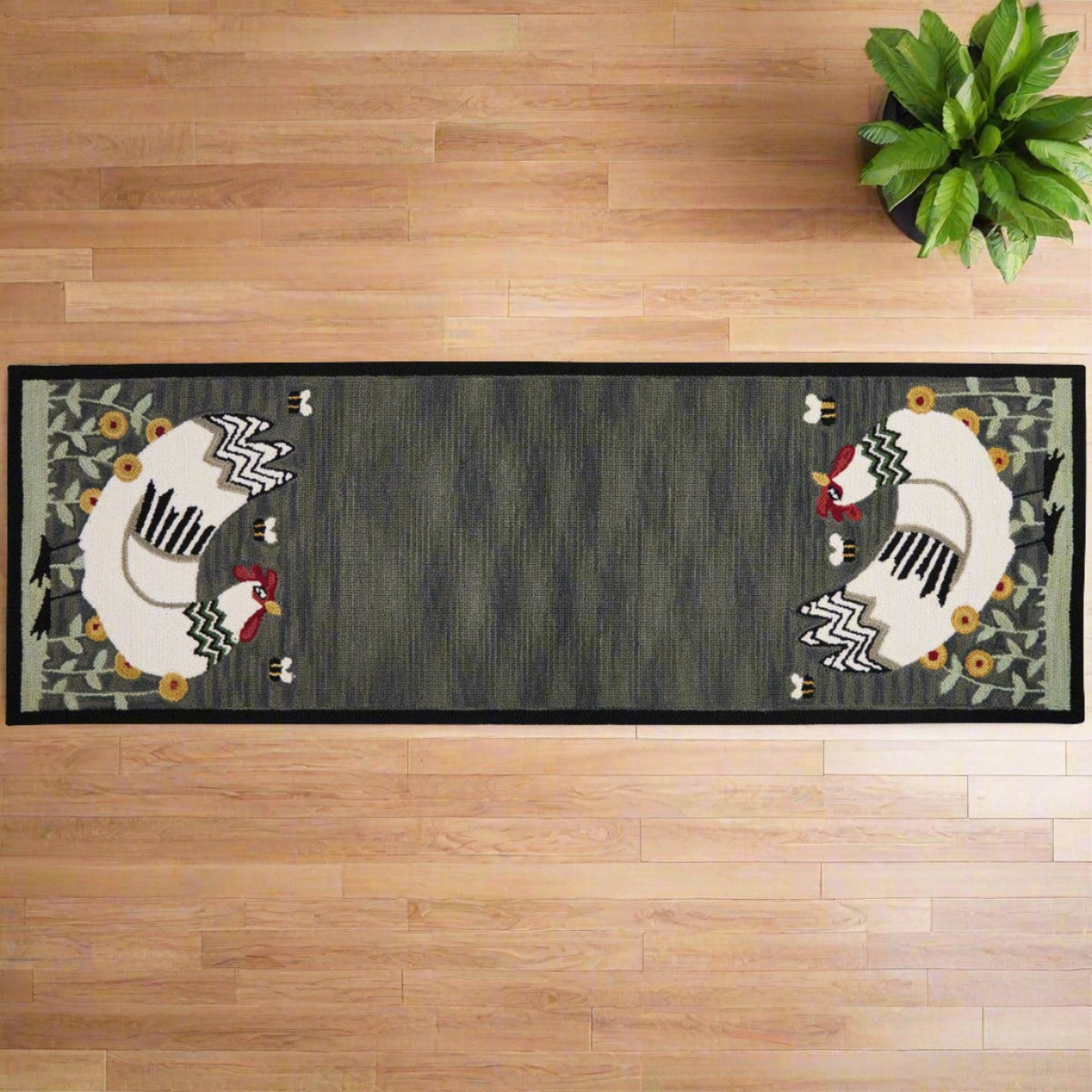 Primitive White Chicken w/ Flowers and Bees Hooked Rug Runner 2&