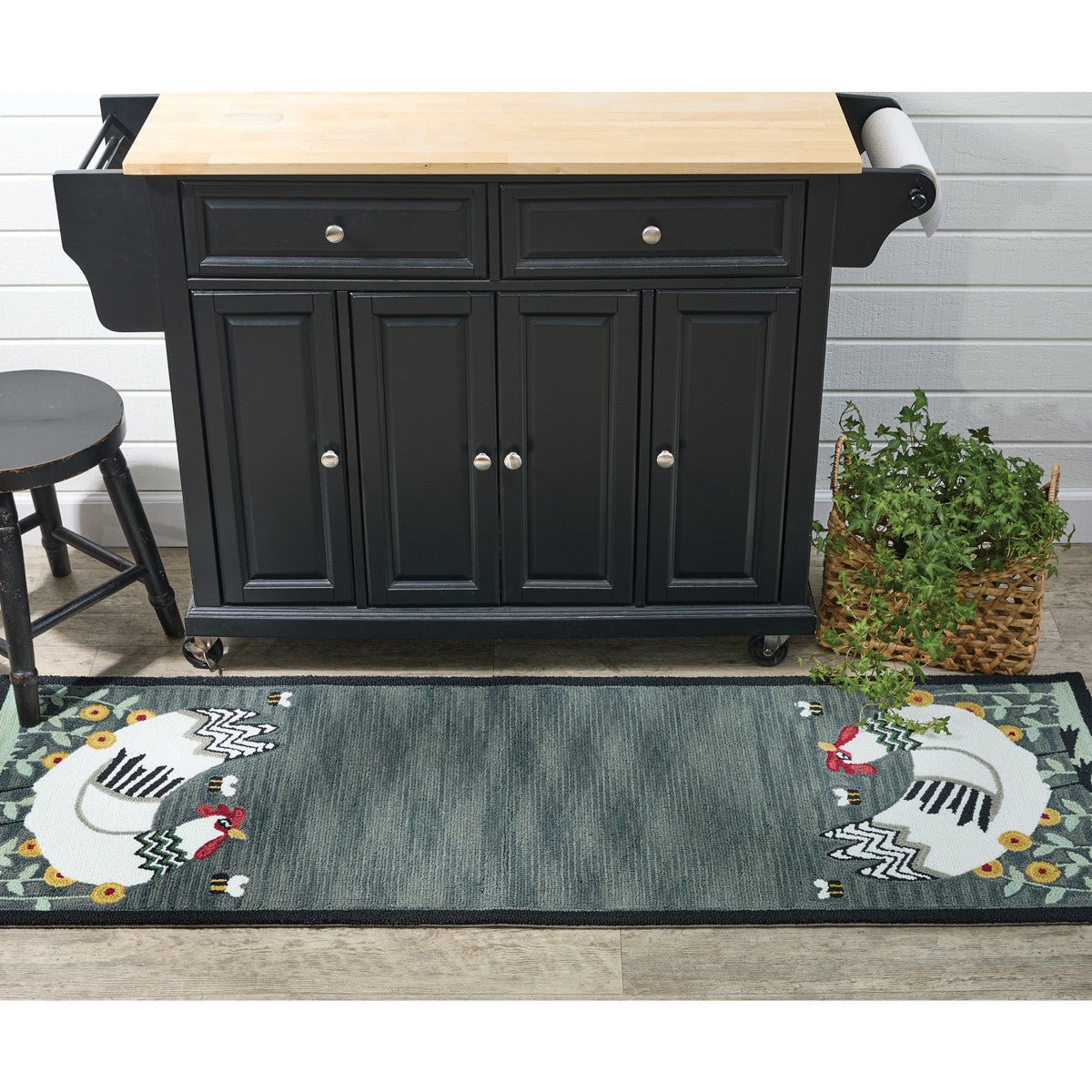 Primitive White Chicken w/ Flowers and Bees Hooked Rug Runner 2&
