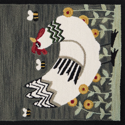 Primitive White Chicken w/ Flowers and Bees Hooked Rug Runner 2&