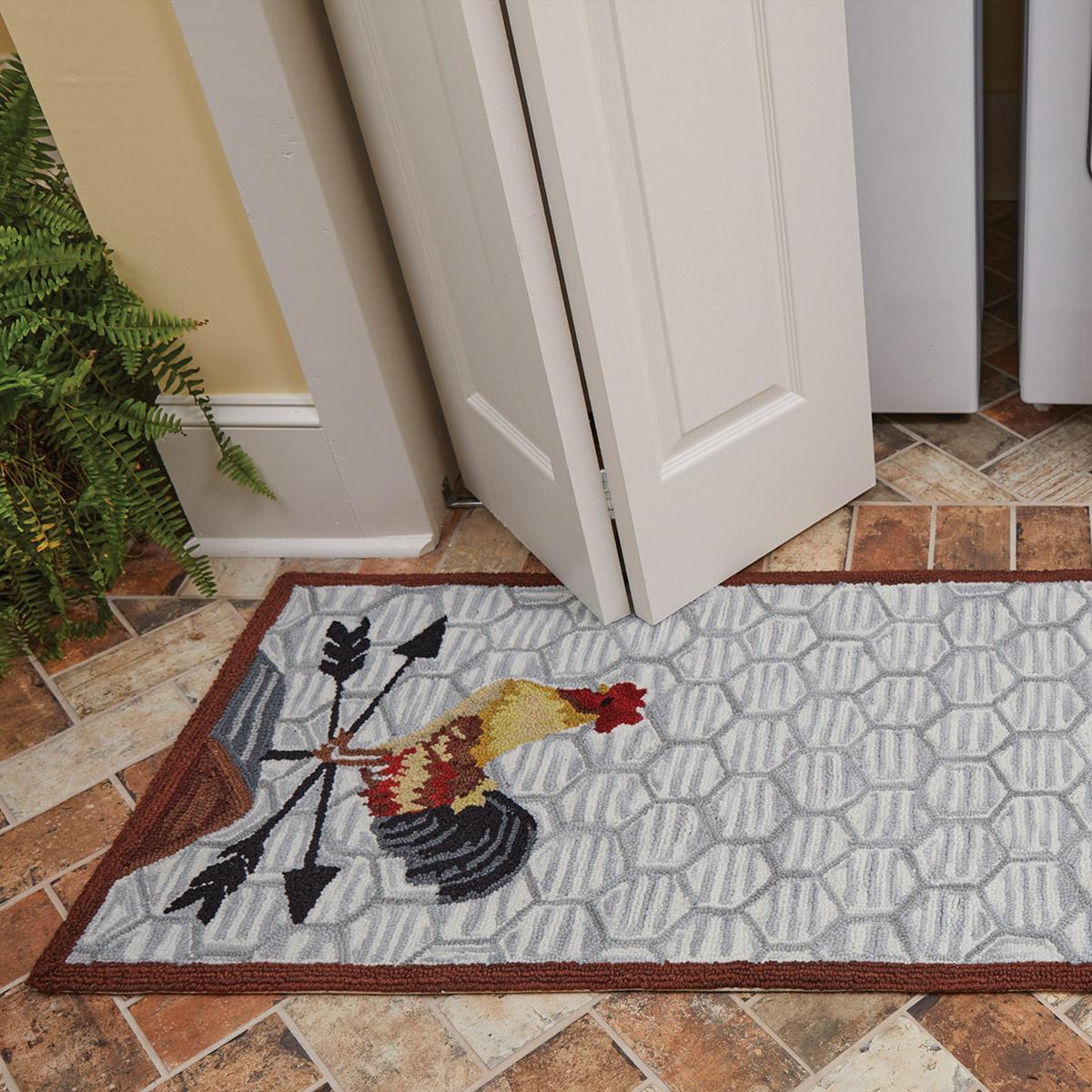 Primitive Rooster on Weathervane Hooked Rug Runner 2&