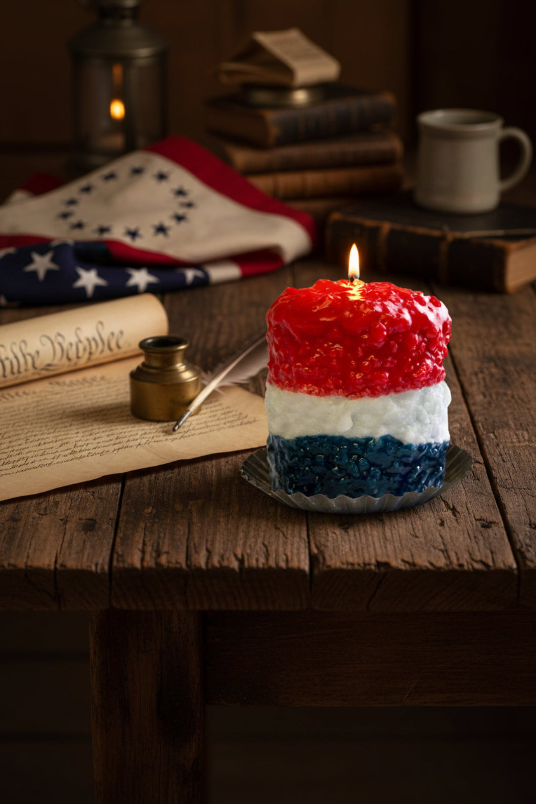 Primitive Handcrafted Patriotic Red/White/Blue Peace Hearth Candle - The Primitive Pineapple Collection
