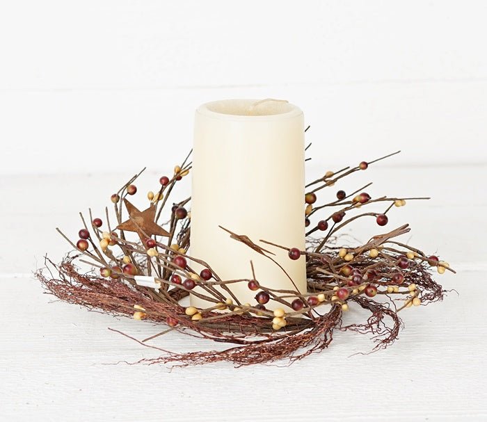 Primitive Farmhouse 4" Willow Berry and Stars Candle Ring - The Primitive Pineapple Collection