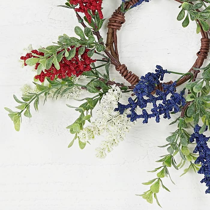 Americana Farmhouse 3.5" Red White Blue Heather with Boxwood Candle Ring - The Primitive Pineapple Collection