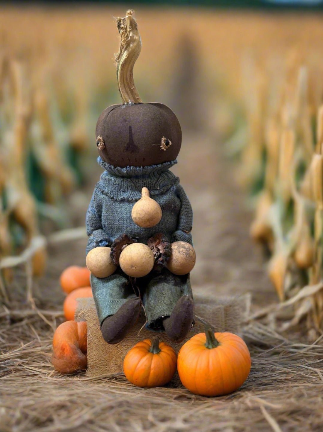 Primitive Handcrafted Pumpkin Doll Roger w/ Gourd 12" - The Primitive Pineapple Collection