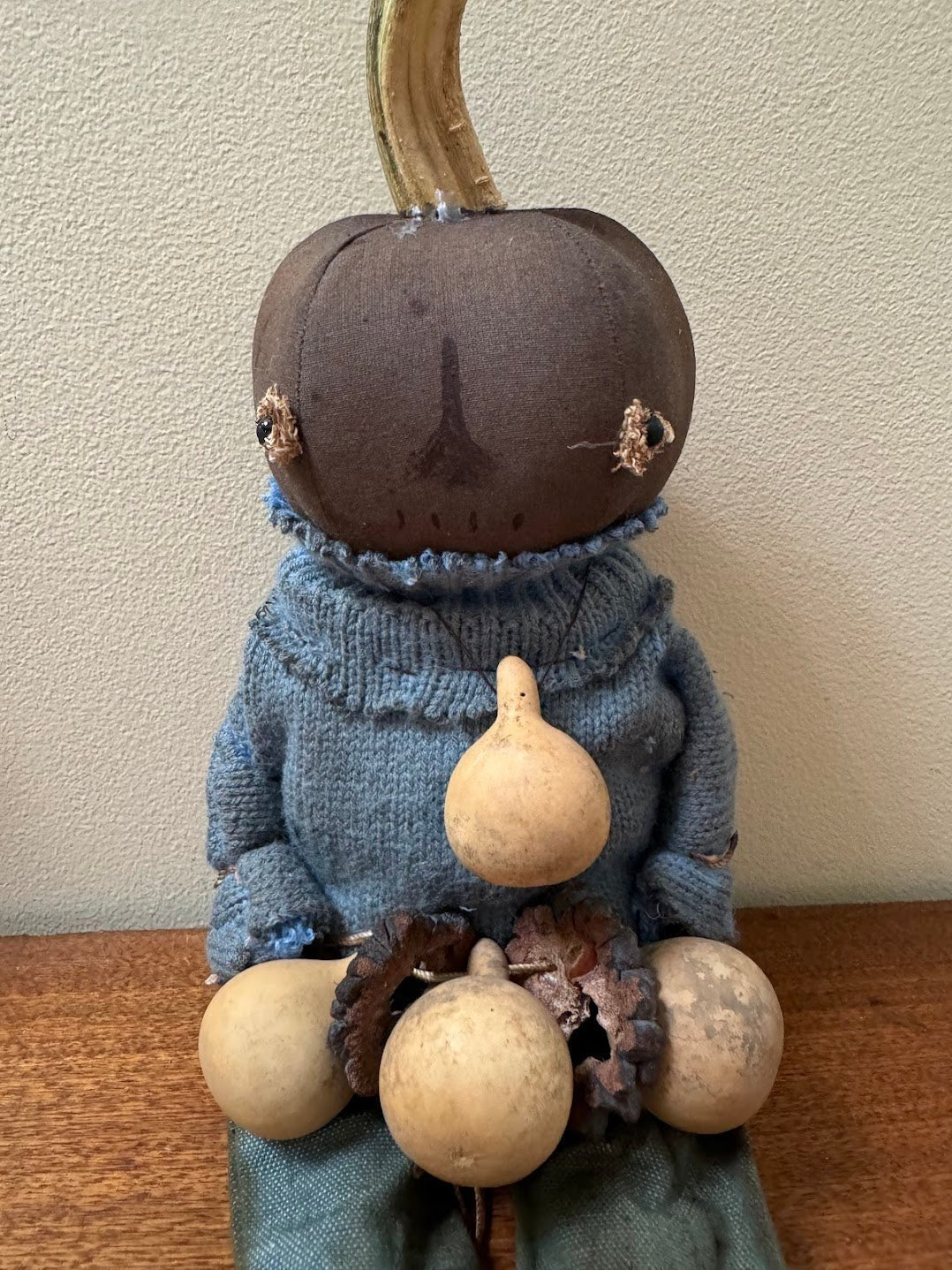 Primitive Handcrafted Pumpkin Doll Roger w/ Gourd 12" - The Primitive Pineapple Collection