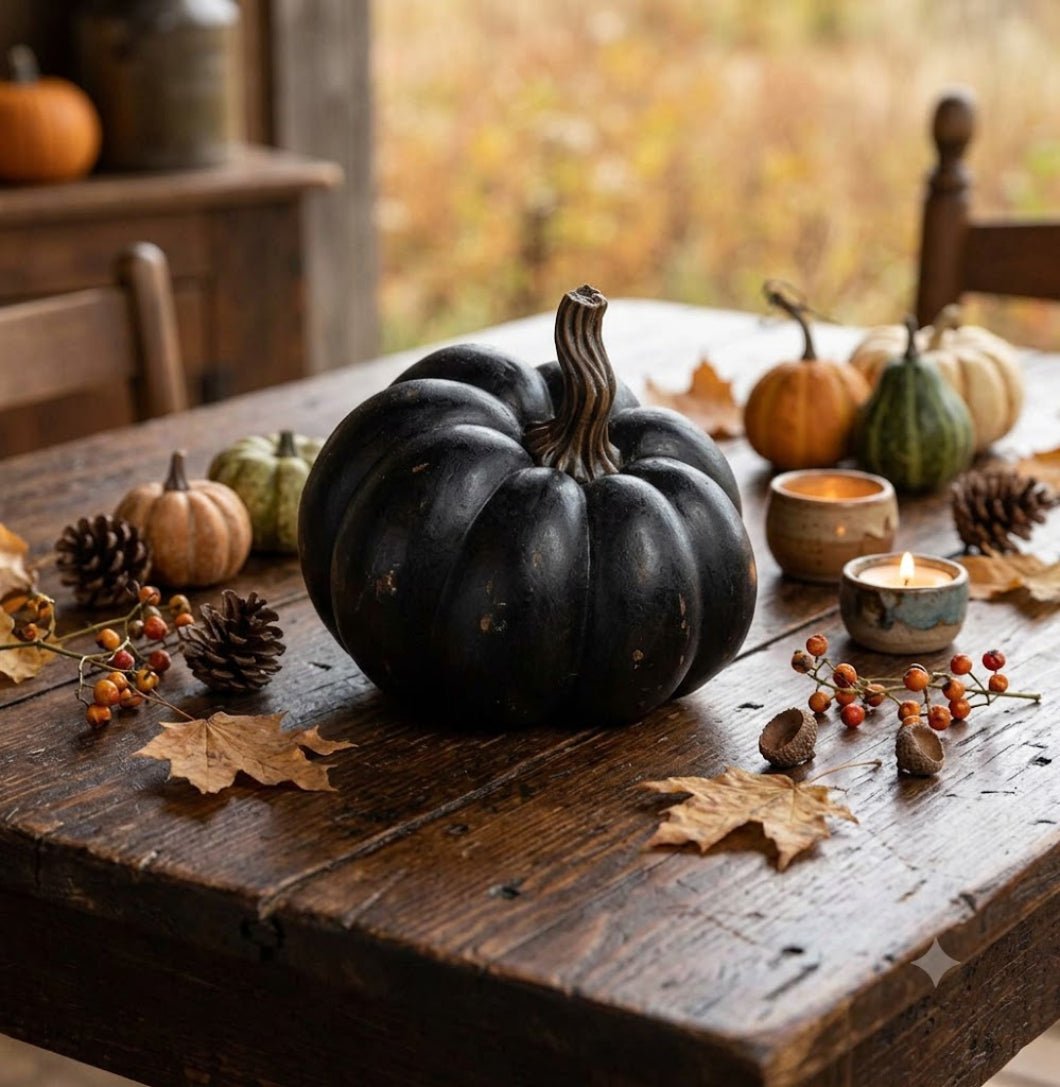 Ragon House Fall 5.25" Life Like Black Resin Pumpkin w/ Twisted Stem - The Primitive Pineapple Collection