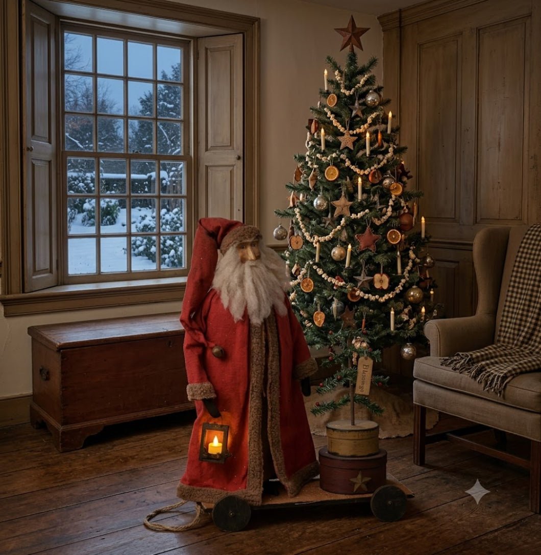 Primitive Christmas Blessings Santa w/ Feather Tree and Nesting Boxes on Cart 26" - The Primitive Pineapple Collection