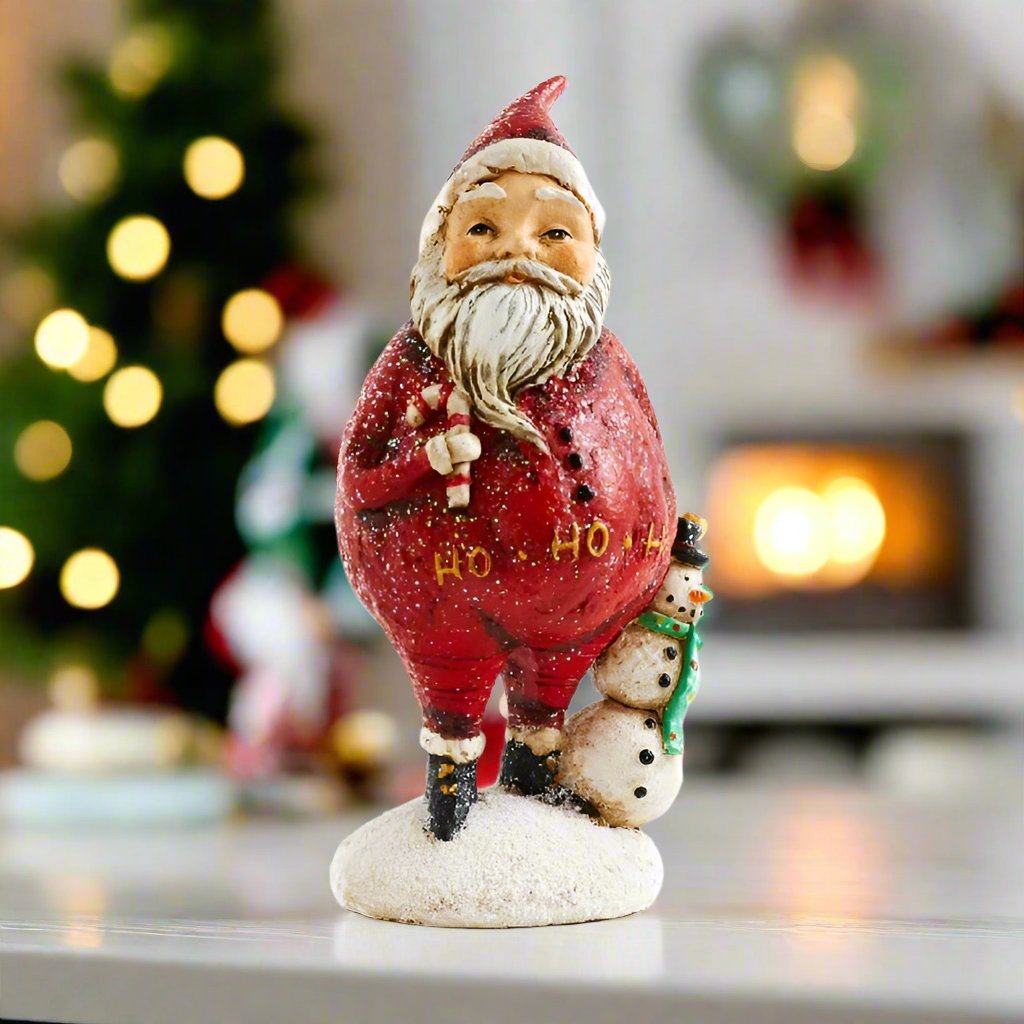 Primitive Vintage look Christmas 6" Resin Santa with Snowman Figurine - The Primitive Pineapple Collection