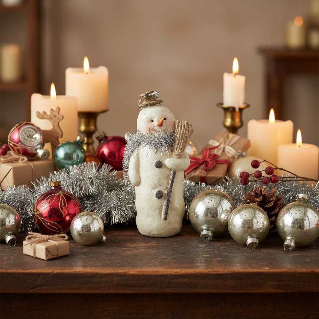 Primitive Christmas Vintage Look 4" Tinsel Scarf Snowman Ornament - The Primitive Pineapple Collection