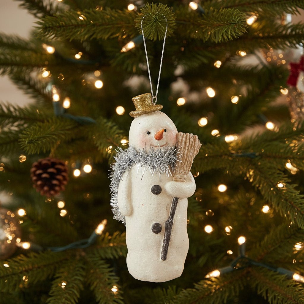 Primitive Christmas Vintage Look 4" Tinsel Scarf Snowman Ornament - The Primitive Pineapple Collection