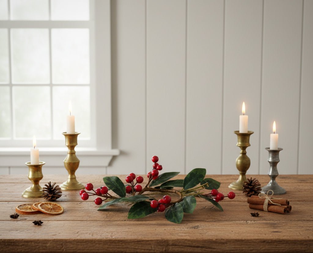 Primitive Colonial Christmas 1.25" Boxwood & Berry Candle Ring - The Primitive Pineapple Collection