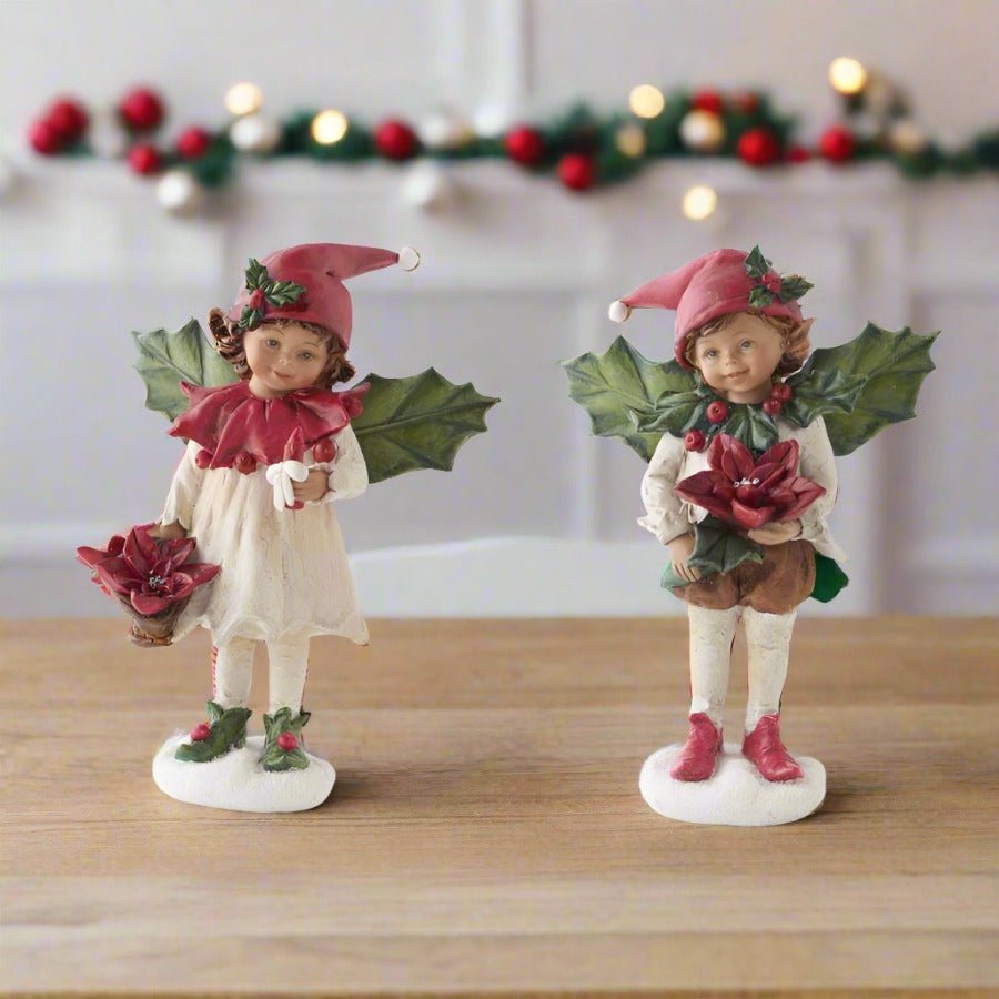 Primitive Vintage look Christmas 8" Resin Boy Girl Elves with Holly Wings Figurine 2pc Set - The Primitive Pineapple Collection