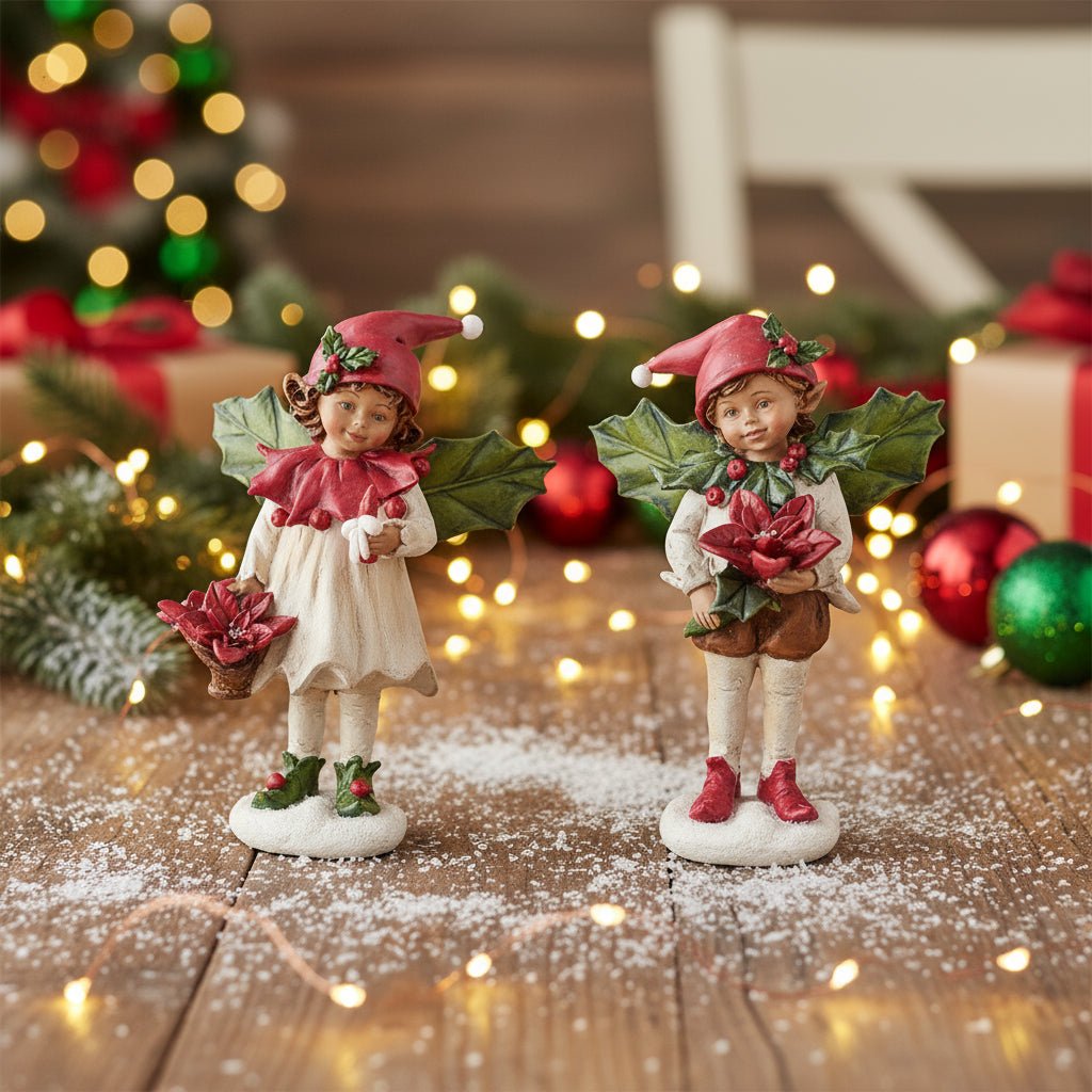 Primitive Vintage look Christmas 8" Resin Boy Girl Elves with Holly Wings Figurine 2pc Set - The Primitive Pineapple Collection