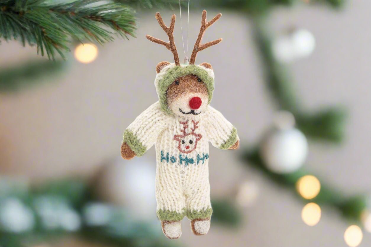 Primitive Country Handcrafted Reindeer in Onesie Ornament - The Primitive Pineapple Collection