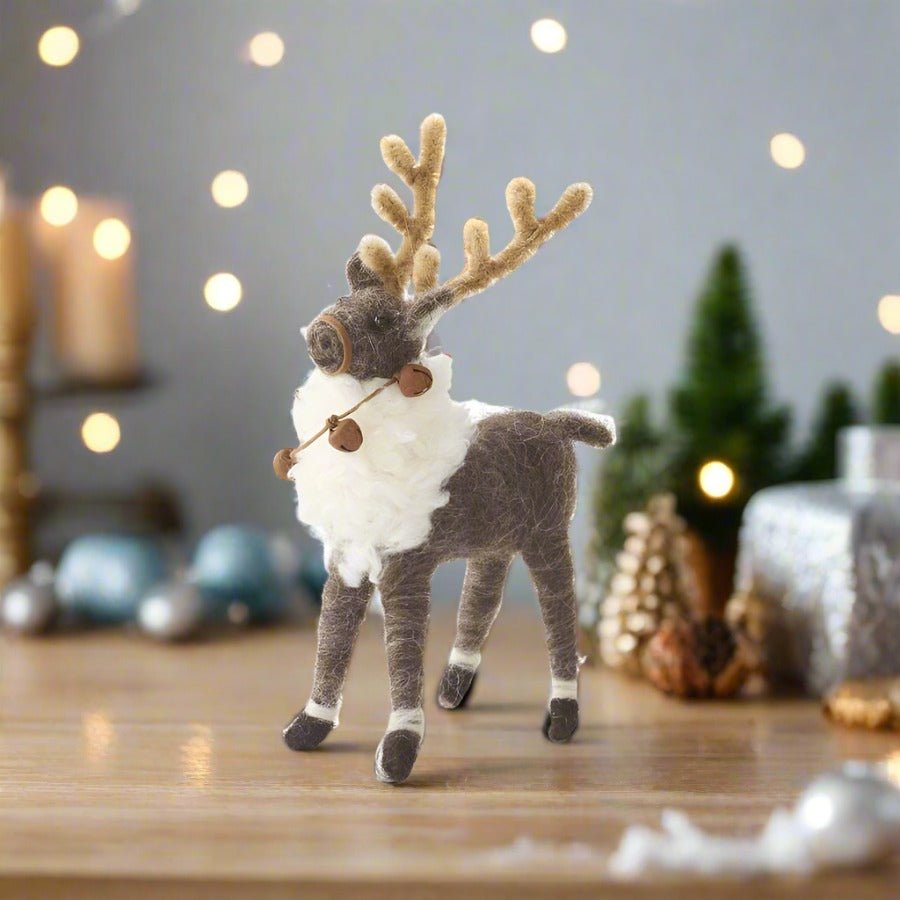 Primitive Farmhouse Christmas Wool Reindeer Shelf Sitter w/ Bells 6.5" - The Primitive Pineapple Collection