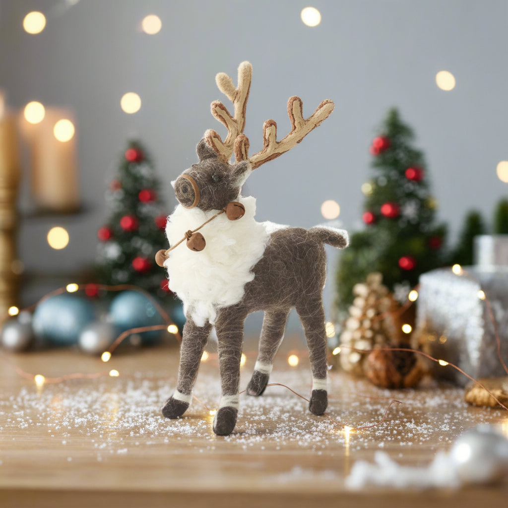Primitive Farmhouse Christmas Wool Reindeer Shelf Sitter w/ Bells 6.5" - The Primitive Pineapple Collection