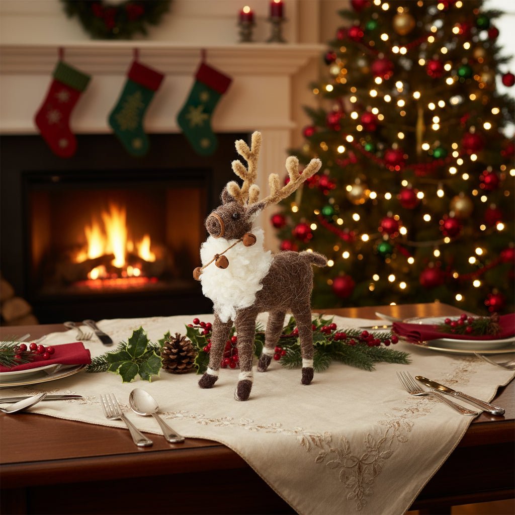 Primitive Farmhouse Christmas Wool Reindeer Shelf Sitter w/ Bells 6.5" - The Primitive Pineapple Collection